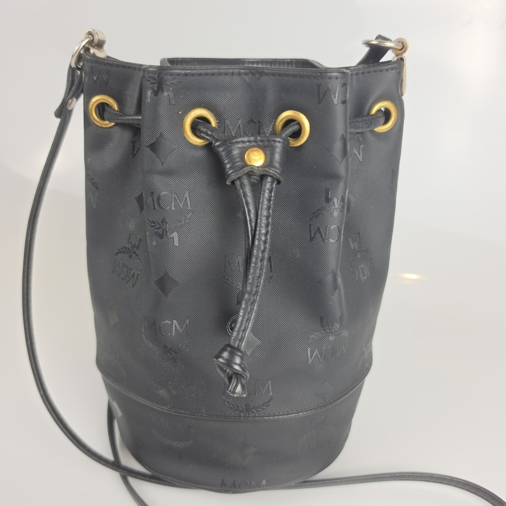 MCM Mini Black Visetos Monogram Canvas Drawstring Bucket Gold Silver Hdware COA